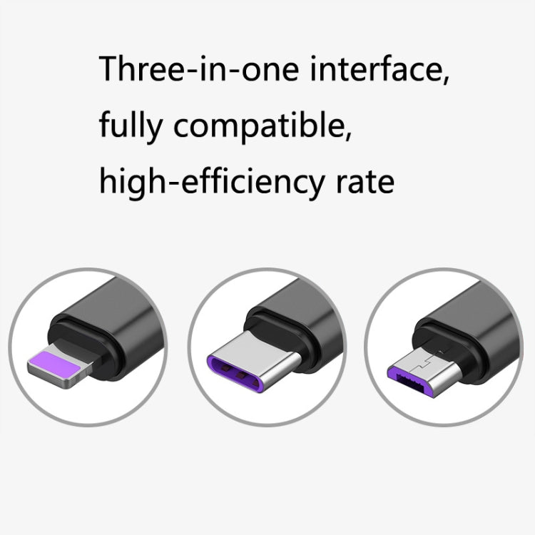 2 STK ZZ034 USB-auf-8-Pin + USB-C / Typ-C + Micro-USB 3-in-1 Schnellladekabel, Stil:, 5A Super Schnell-Schwarz, 5A Super Schnell-Rot, Silikon-Grün, Silikon-Rot, Silikon-Gelb, Silikon-Lila, Mini-Silber, Mini-Rot, Mini-Blau, Mini-Schwarz, Einziehbar-...