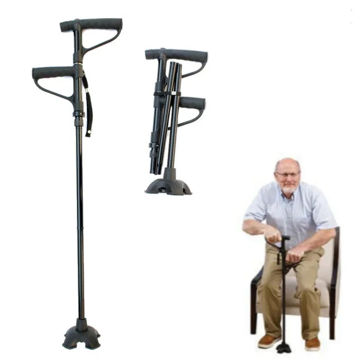 Multifunktionale, faltbare Gehhilfe mit Doppelgriff für Senioren, Gehhilfen für ältere Menschen aus Aluminiumlegierung, vierbeinige Gehstöcke mit Lichtern, 86-98 cm
