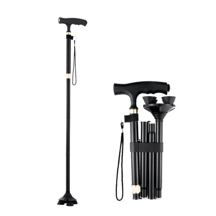 TBS-009 Vierbeinige faltbare Gehhilfe aus Aluminiumlegierung für Senioren, leichte und multifunktionale, rutschfeste Krücke mit Licht, TBS-009 (Schwarz), TBS-009 (Braun)