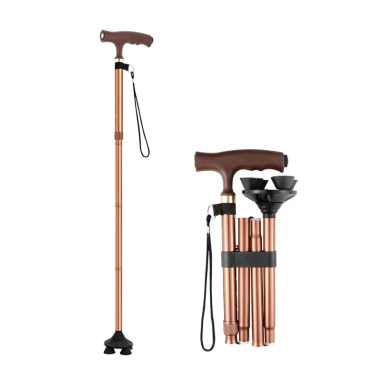 TBS-009 Vierbeinige faltbare Gehhilfe aus Aluminiumlegierung für Senioren, leichte und multifunktionale, rutschfeste Krücke mit Licht, TBS-009 (Schwarz), TBS-009 (Braun)