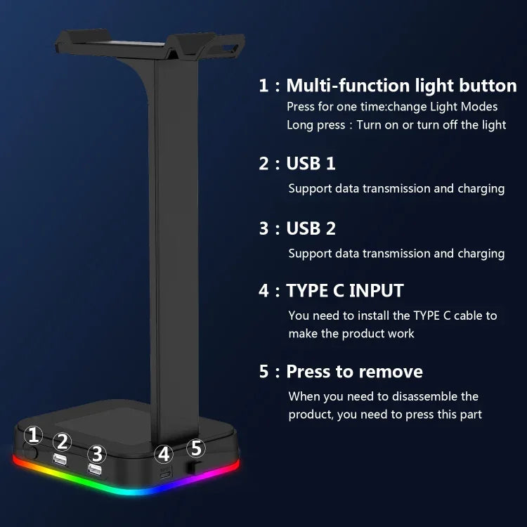 RGBD9 RGB-Headset-Ständer Farbwechselnder Gaming-Headset-Ständer Gaming-Headset-Display-Ständer mit zwei USB-Anschlüssen, RGBD9
