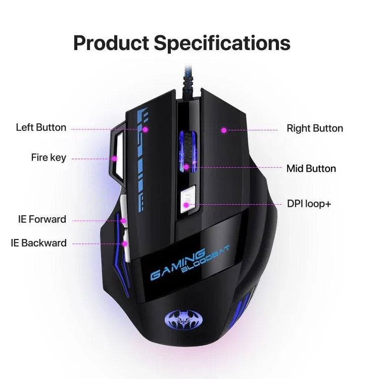 GAMING BLOODBAT GM02 7-Tasten USB-Kabelgebundene Optoelektronik-Gaming-Maus mit digitaler Atemlichtfunktion