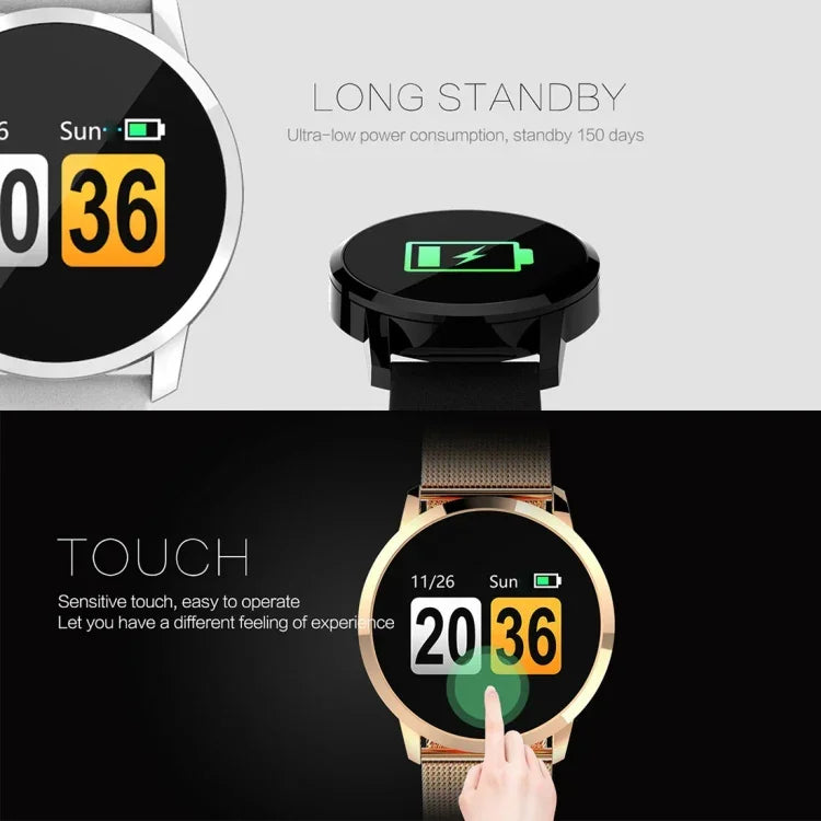 IP67 waterproof smart watch displaying long standby time and touch features, showing battery life indicator.