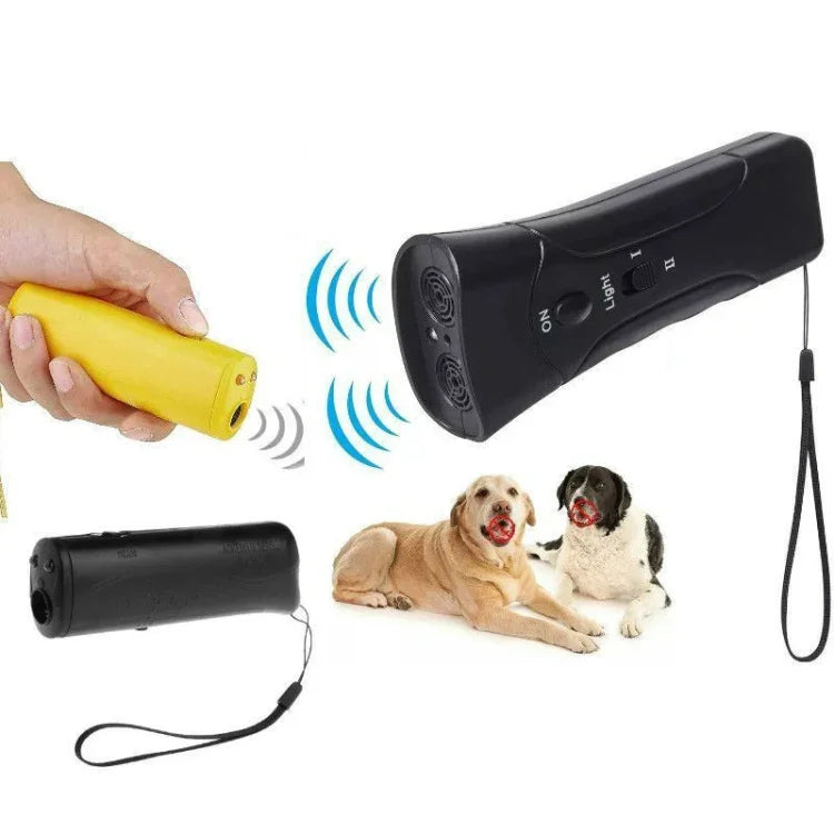 Tragbarer LED-Hundeabwehr- und Hundetrainer mit Ultraschall-Taschenlampe, einseitig schwarz, einseitig gelb, zweiseitig schwarz