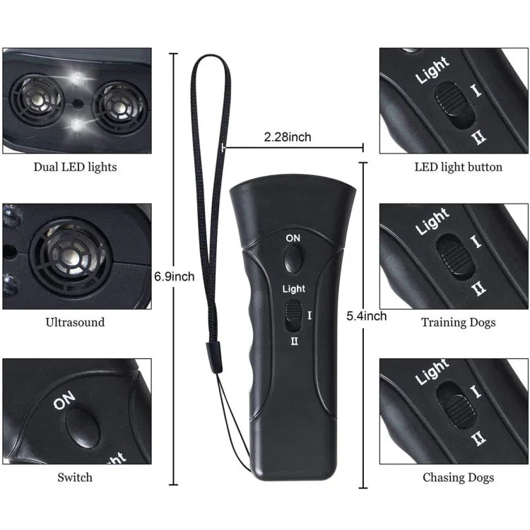Tragbarer LED-Hundeabwehr- und Hundetrainer mit Ultraschall-Taschenlampe, einseitig schwarz, einseitig gelb, zweiseitig schwarz