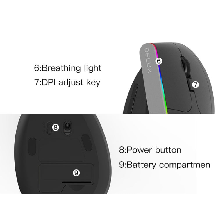 DELUX M618C 6 Tasten 1600 DPI RGB Vertikale Kabellose Bluetooth Dual-Mode-Maus, M618C(Weiß), M618C(Schwarz)