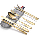 7 in 1 Cutlery Spoon Chopsticks And Straw Set Stainless Steel Portable Cutlery Set, Silver + Light Bag, Gold+ Light Bag, Rose+ Light Bag, Symphony + Light Bag, Black+ Light Bag, Silver + Deep Bag, Gold  + Deep Bag, Rose  + Deep Bag, Symphony + Deep Bag...