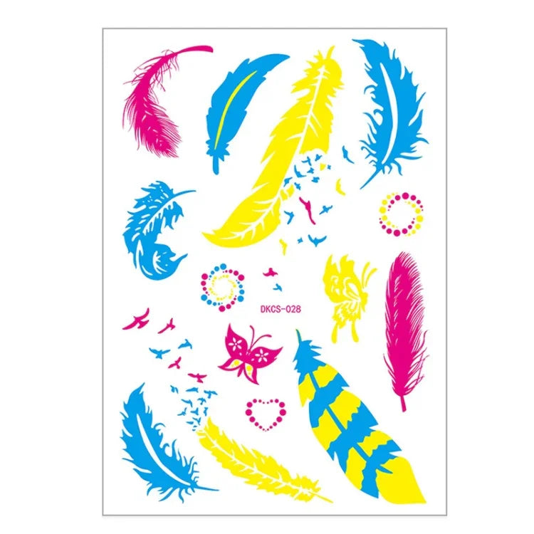 10 Stück fluoreszierende Blumen-Armtattoo-Aufkleber, wasserfeste Feder-Armtattoo-Aufkleber, DKCS010, DKCS017, DKCS019, DKCS022, DKCS025, DKCS028, DKCS032, DKCS033, DKCS034, DKCS036, DKCS037, DKCS042
