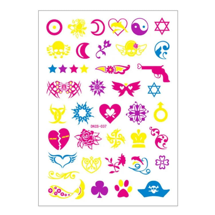 10 Stück fluoreszierende Blumen-Armtattoo-Aufkleber, wasserfeste Feder-Armtattoo-Aufkleber, DKCS010, DKCS017, DKCS019, DKCS022, DKCS025, DKCS028, DKCS032, DKCS033, DKCS034, DKCS036, DKCS037, DKCS042