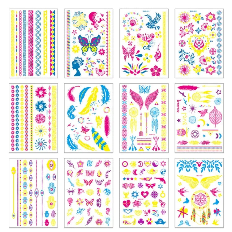 10 Stück fluoreszierende Blumen-Armtattoo-Aufkleber, wasserfeste Feder-Armtattoo-Aufkleber, DKCS010, DKCS017, DKCS019, DKCS022, DKCS025, DKCS028, DKCS032, DKCS033, DKCS034, DKCS036, DKCS037, DKCS042