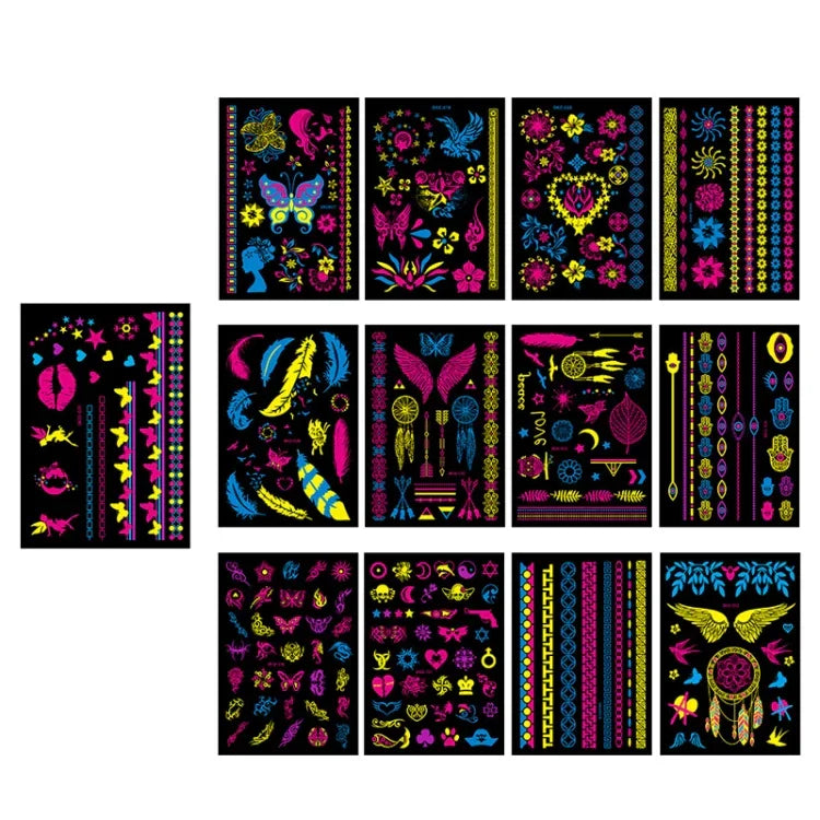 10 Stück fluoreszierende Blumen-Armtattoo-Aufkleber, wasserfeste Feder-Armtattoo-Aufkleber, DKCS010, DKCS017, DKCS019, DKCS022, DKCS025, DKCS028, DKCS032, DKCS033, DKCS034, DKCS036, DKCS037, DKCS042