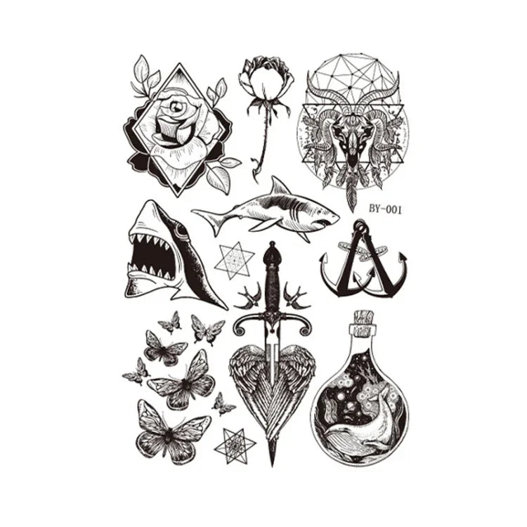 10 Stück Dunkelfluoreszierende, farbwechselnde Tier- und Blumen-Armtattoo-Aufkleber für Erwachsene, wasserfest, BY-001, BY-002, BY-003, BY-004, BY-005, BY-006, BY-007, BY-008