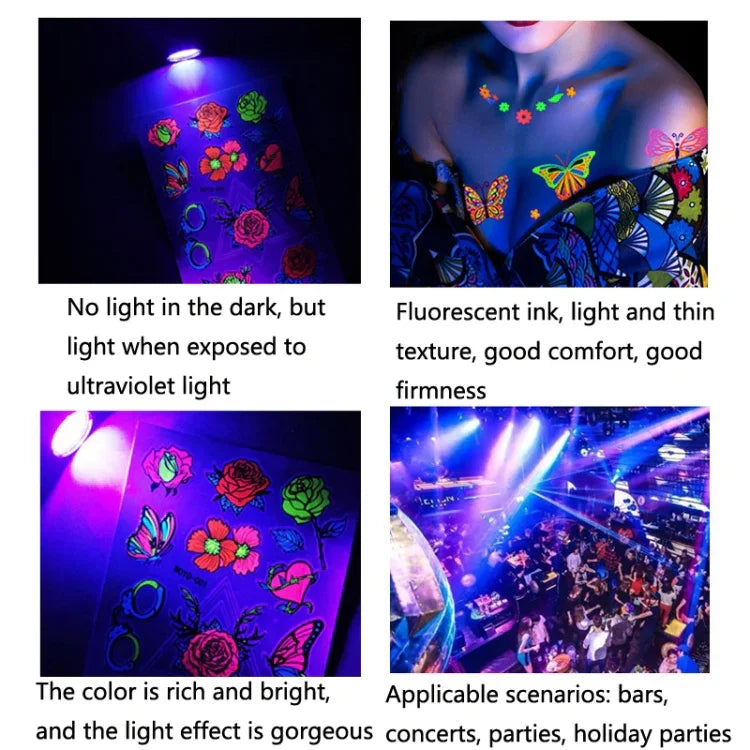 10 Stück Dunkelfluoreszierende, farbwechselnde Tier- und Blumen-Armtattoo-Aufkleber für Erwachsene, wasserfest, BY-001, BY-002, BY-003, BY-004, BY-005, BY-006, BY-007, BY-008