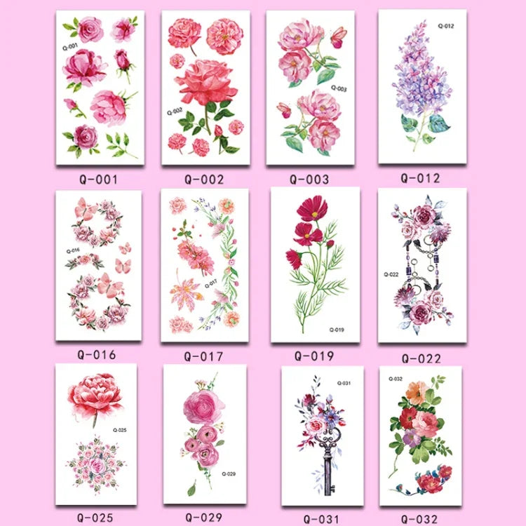 50 Stück kleine, wasserfeste Tattoo-Aufkleber mit Rosenmotiven für den Arm, Q-001, Q-002, Q-003, Q-012, Q-016, Q-017, Q-019, Q-022, Q-025, Q-029, Q-031, Q-032