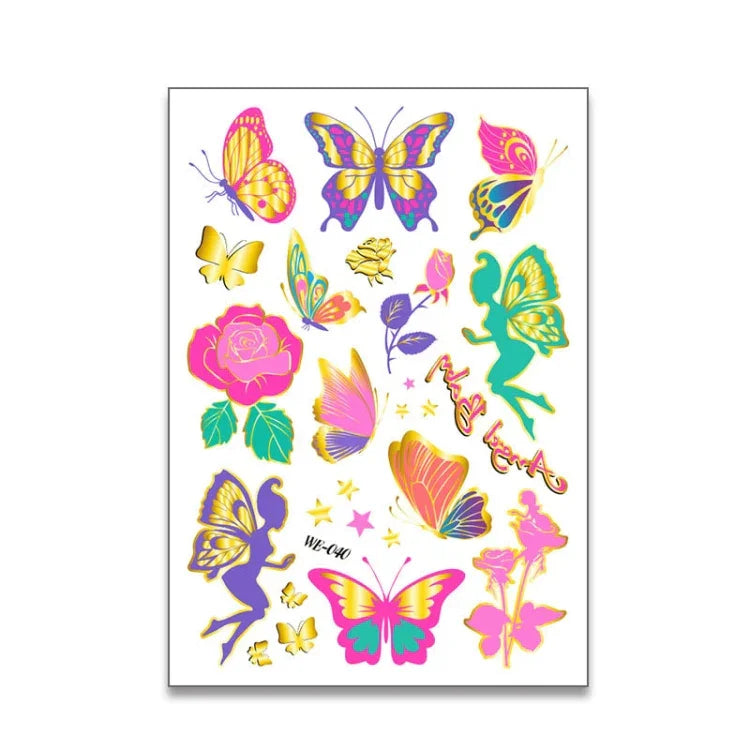 10 Stück Kinder-Wassertransfer-Tattoo-Aufkleber mit Schmetterlingsmotiven, niedliche Cartoon-Metall-Tattoo-Aufkleber, WE-037, WE-038, WE-039, WE-040