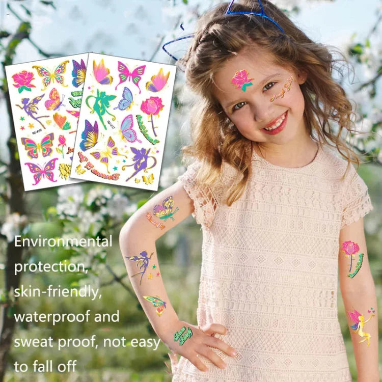 10 Stück Kinder-Wassertransfer-Tattoo-Aufkleber mit Schmetterlingsmotiven, niedliche Cartoon-Metall-Tattoo-Aufkleber, WE-037, WE-038, WE-039, WE-040