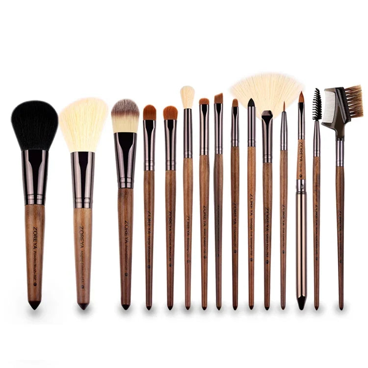 ZOREYA 15-in-1 Make-up-Pinselset aus schwarzem Walnussholz, komplettes Set an Beauty-Werkzeugen, Nylonhaar-Puderpinsel, Make-up-Pinsel