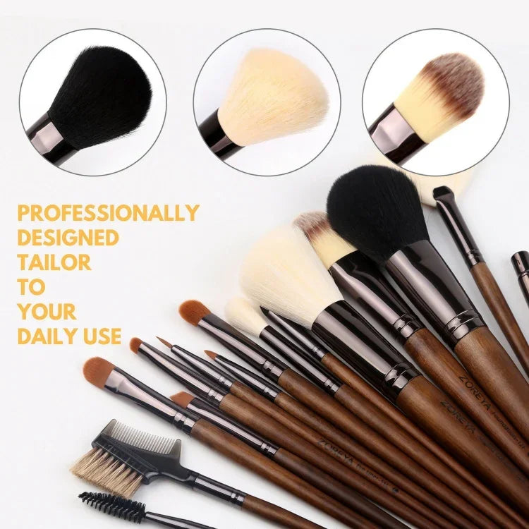 ZOREYA 15-in-1 Make-up-Pinselset aus schwarzem Walnussholz, komplettes Set an Beauty-Werkzeugen, Nylonhaar-Puderpinsel, Make-up-Pinsel