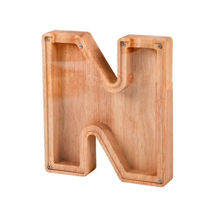 Spardose aus Holz mit englischem Alphabet und transparentem Acrylfenster