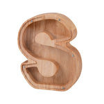 Spardose aus Holz mit englischem Alphabet und transparentem Acrylfenster