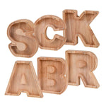 Spardose aus Holz mit englischem Alphabet und transparentem Acrylfenster