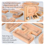 Spardose aus Holz mit englischem Alphabet und transparentem Acrylfenster