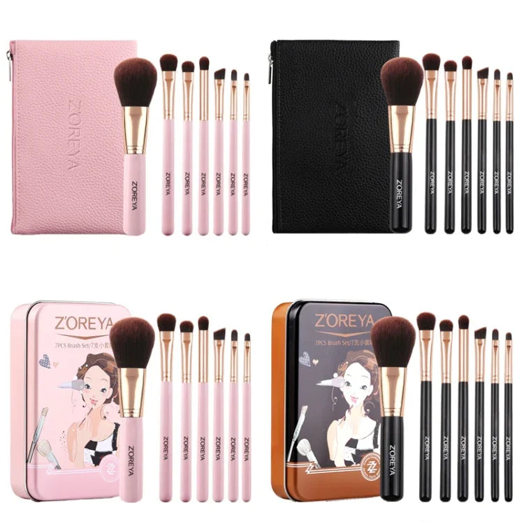 ZOREYA ZS744 7-in-1 Make-up-Pinselset, Beauty-Tools, Pinsel, Rosa + Tasche, Schwarz + Tasche, Rosa + Metallbox, Schwarz + Metallbox