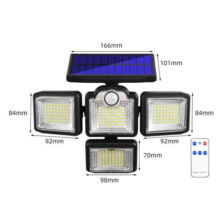 TG-TY085 Solar 4-Kopf drehbare Wandleuchte mit Fernbedienung, Körpersensor, wasserdicht, Außenbereich, Gartenlampe, Stil:, 192 LED integriert, 198 LED integriert, 192 COB integriert, 198 COB integriert, 192 LED getrennt, 198 LED getrennt, 192 COB getrennt