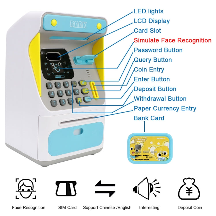 8010 Simulierter Gesichtserkennungs-Geldautomat Spardose Passwort Automatisch rollendes Geld Safe Spardose,Stil:, Rosa, Blau, Wiederaufladbare Version Rosa, Wiederaufladbare Version Blau