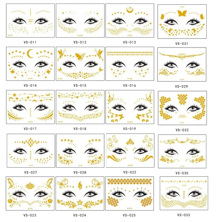 20 Stück wasserfeste Bronzing-Gesichtstattoo-Aufkleber für Partys, Maskenbälle, VS-011, VS-012, VS-013, VS-014, VS-015, VS-016, VS-017, VS-018, VS-019, VS-022, VS-023, VS-024, VS-025, VS-027, VS-028, VS-029, VS-030, VS-031, VS-032, VS-033