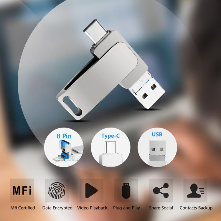 USB 3.0 + 8-Pin + USB-C / Typ-C 3-in-1 Telefon Computer Metall drehbarer U-Disk, 16 GB, 32GB, 64GB, 128GB, 256GB, 512GB