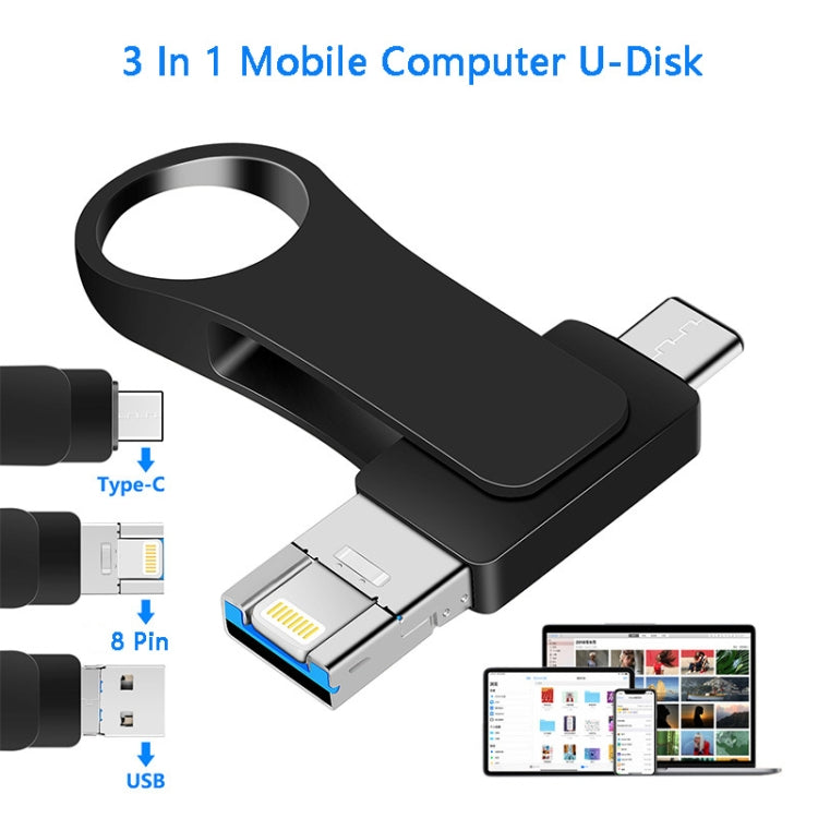 USB 3.0 + 8-Pin + USB-C / Typ-C 3-in-1 Mobiler Computer Metall U-Disk, 8GB, 16GB, 32GB, 64GB
