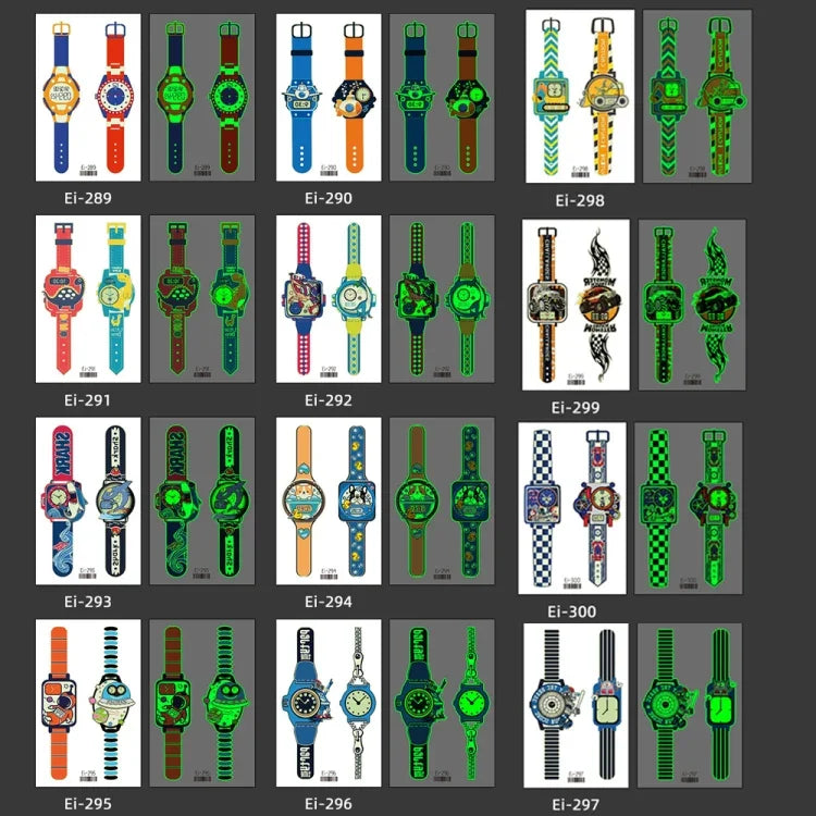 20 Stück wasserdichte leuchtende Cartoon-Uhr-Tattoo-Aufkleber für Kinder, Ei-289, EI-290, Ei-291, EI-292, Ei-293, Ei-294, Ei-295, Ei-296, Ei-297, Ei-298, Ei-299, EI-300