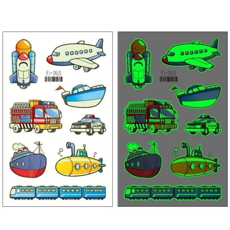 20 Stück wasserdichte Kinder leuchtende Cartoon-Transport-Auto-Tattoo-Aufkleber, Ei-261, Ei-262, Ei-263, Ei-264, Ei-265, Ei-266, Ei-267, Ei-268, Ei-269, Ei-270, Ei-271, Ei-272, Ei-273, Ei-274, Ei-275, Ei-276