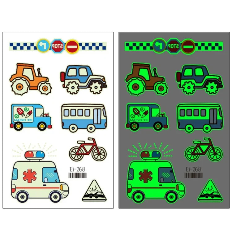 20 Stück wasserdichte Kinder leuchtende Cartoon-Transport-Auto-Tattoo-Aufkleber, Ei-261, Ei-262, Ei-263, Ei-264, Ei-265, Ei-266, Ei-267, Ei-268, Ei-269, Ei-270, Ei-271, Ei-272, Ei-273, Ei-274, Ei-275, Ei-276