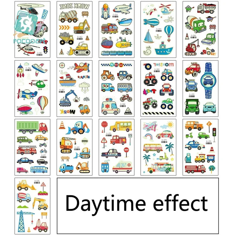 20 Stück wasserdichte Kinder leuchtende Cartoon-Transport-Auto-Tattoo-Aufkleber, Ei-261, Ei-262, Ei-263, Ei-264, Ei-265, Ei-266, Ei-267, Ei-268, Ei-269, Ei-270, Ei-271, Ei-272, Ei-273, Ei-274, Ei-275, Ei-276