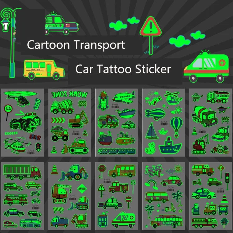 20 Stück wasserdichte Kinder leuchtende Cartoon-Transport-Auto-Tattoo-Aufkleber, Ei-261, Ei-262, Ei-263, Ei-264, Ei-265, Ei-266, Ei-267, Ei-268, Ei-269, Ei-270, Ei-271, Ei-272, Ei-273, Ei-274, Ei-275, Ei-276