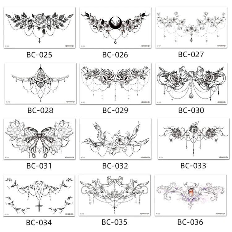 10 Stück wasserfeste Tattoo-Aufkleber zur Abdeckung von Narben an Schlüsselbein und Brust, BC-025, BC-026, BC-027, BC-028, BC-029, BC-030, BC-031, BC-032, BC-033, BC-034, BC-035, BC-036