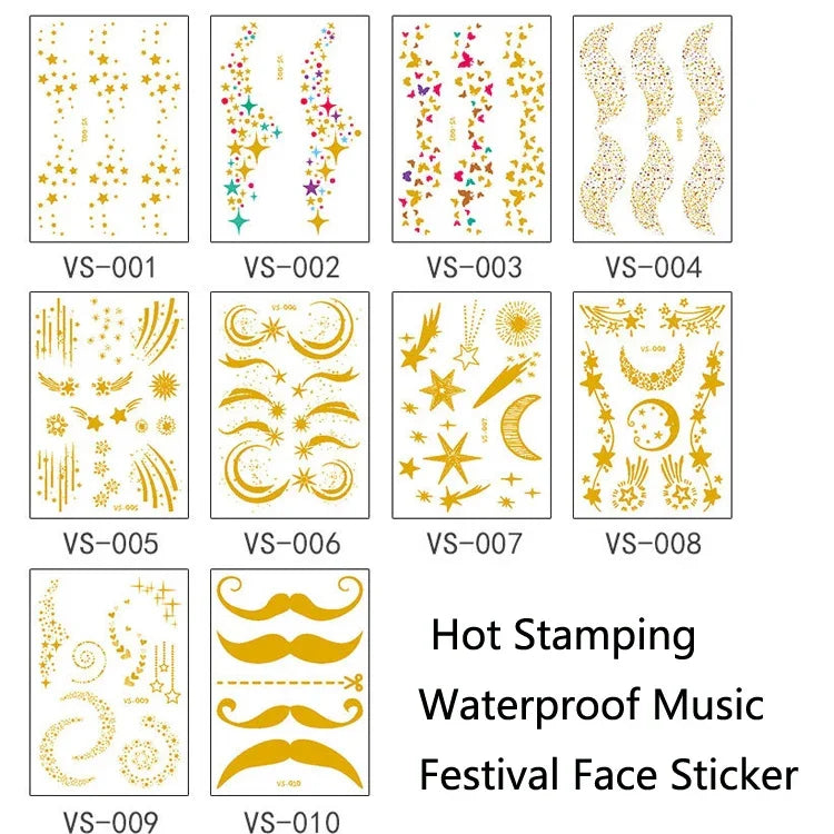 10 Stück wasserfeste Heißpräge-Gesichtstattoo-Aufkleber für Musikfestivals, VS-001, VS-002, VS-003, VS-004, VS-005, VS-006, VS-007, VS-008, VS-009, VS-010