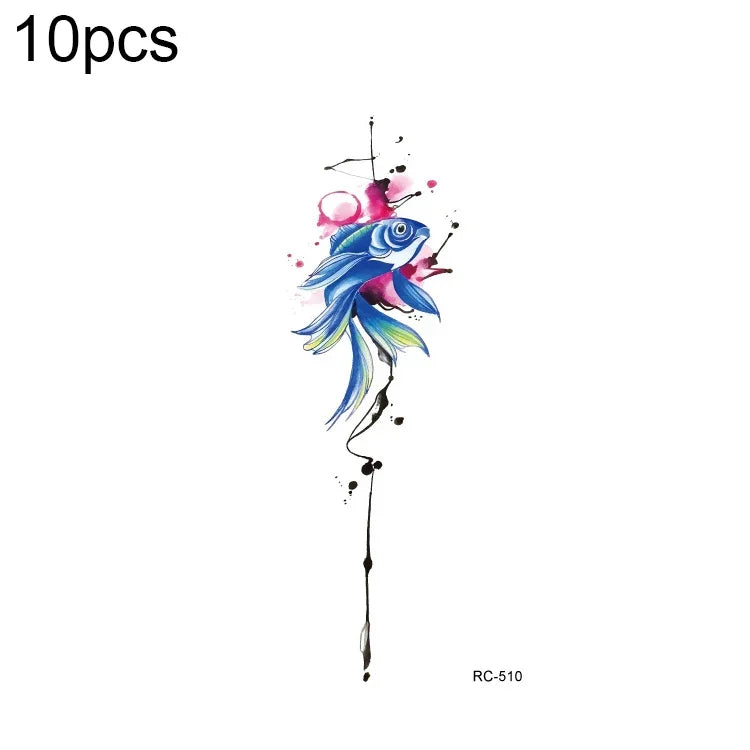 10 Stück wasserfeste, kleine, mit Süßwasser übertragbare Farbtattoo-Aufkleber, RC-501, RC-502, RC-503, RC-504, RC-505, RC-506, RC-507, RC-508, RC-509, RC-510, RC-511, RC-512, RC-513, RC-514, RC-515, RC-516