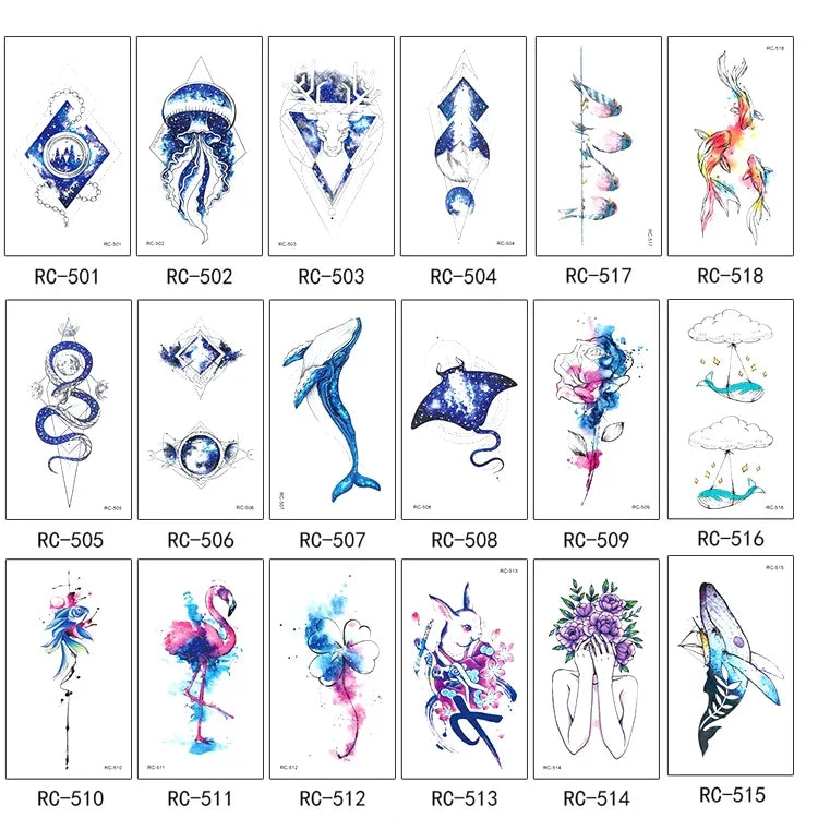 10 Stück wasserfeste, kleine, mit Süßwasser übertragbare Farbtattoo-Aufkleber, RC-501, RC-502, RC-503, RC-504, RC-505, RC-506, RC-507, RC-508, RC-509, RC-510, RC-511, RC-512, RC-513, RC-514, RC-515, RC-516