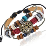 BX016 Retro Personality Leather Beaded Bracelet, Black Leather+Ancient Silver Accessories, Red Leather++Ancient Silver Accessories, White Leather+Bronze Accessories, Light Brown Leather+Bronze Accessories