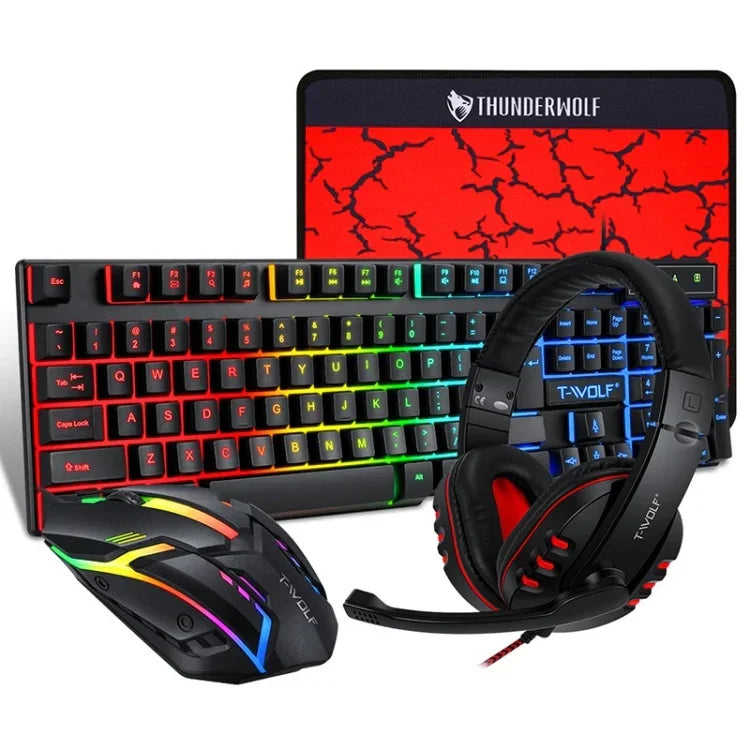 T-WOLF TF-800 4-in-1 Gaming-Set mit leuchtender Tastatur, Maus und Headset