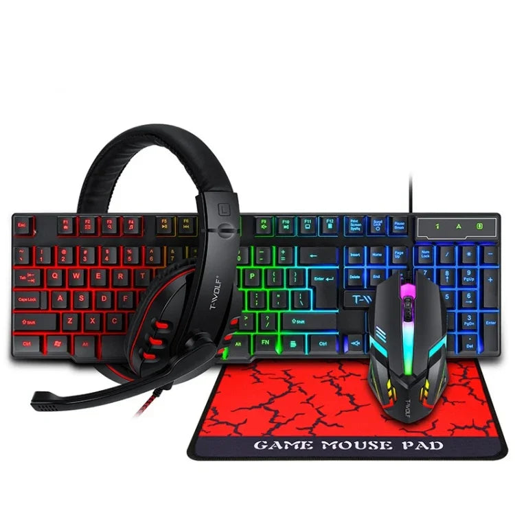 T-WOLF TF-800 4-in-1 Gaming-Set mit leuchtender Tastatur, Maus und Headset