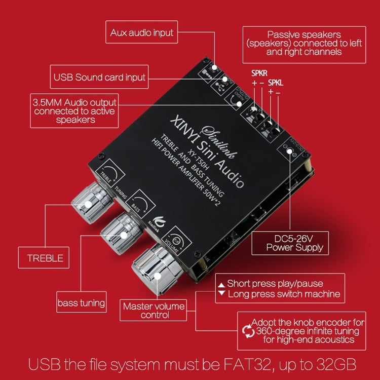 XINYI Sini T50H Bluetooth 5.0 mit Vorverstärker und Hochpegelregelung Stereo Digitalendstufenmodul, Sini T50H