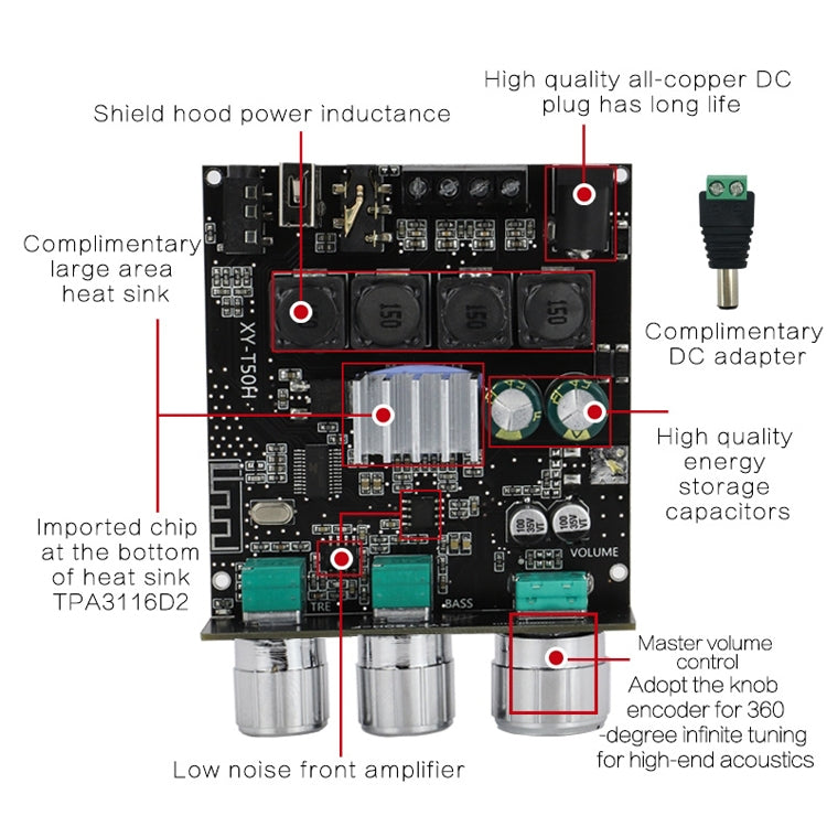 XINYI Sini T50H Bluetooth 5.0 mit Vorverstärker und Hochpegelregelung Stereo Digitalendstufenmodul, Sini T50H