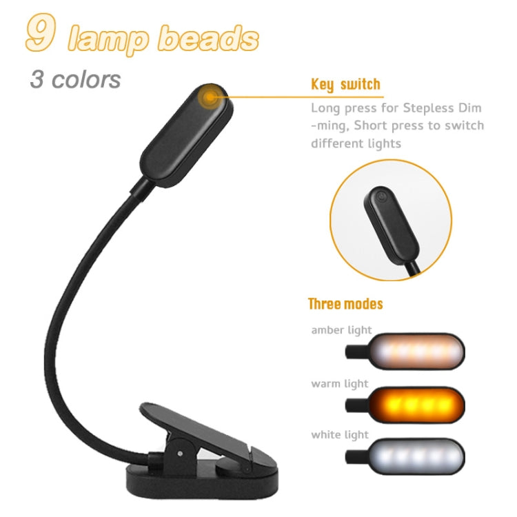 9 LEDs Mini Clip Schreibtischlampe USB Ladegerät Studenten Augenschutz Leselampe, Blau und Weiß, Schwarz