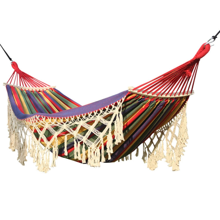 200 x 150 cm Doppelte Outdoor-Camping-Hängematte mit Quasten aus Segeltuch und Spreizstab, Bunte Streifen, Rosa Streifen, Weiß