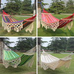 200 x 150 cm Doppelte Outdoor-Camping-Hängematte mit Quasten aus Segeltuch und Spreizstab, Bunte Streifen, Rosa Streifen, Weiß