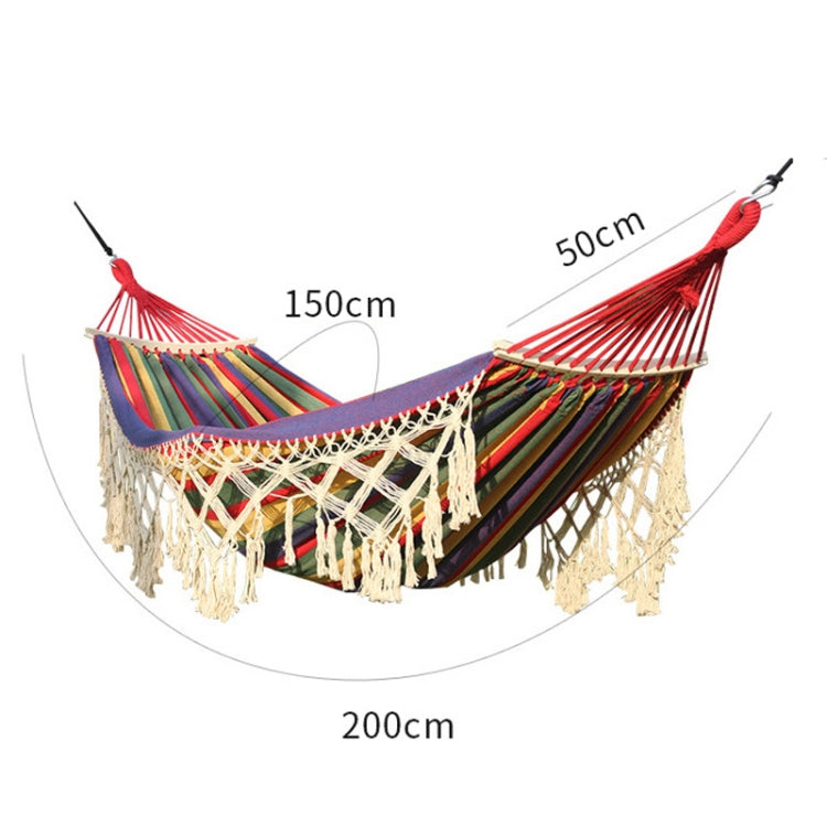 200 x 150 cm Doppelte Outdoor-Camping-Hängematte mit Quasten aus Segeltuch und Spreizstab, Bunte Streifen, Rosa Streifen, Weiß